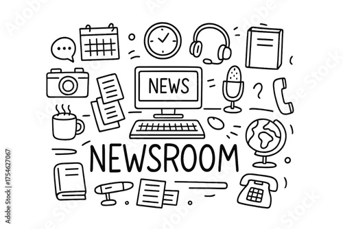 Newsroom Doodle Sketch. Newsroom. Hand-drawn doodle illustration of Newsroom. desk, computer monitor, keyboard