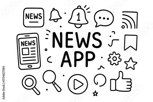 Doodle News App Design. News App. Hand-drawn doodle illustration of News App. smartphone, app icon, push