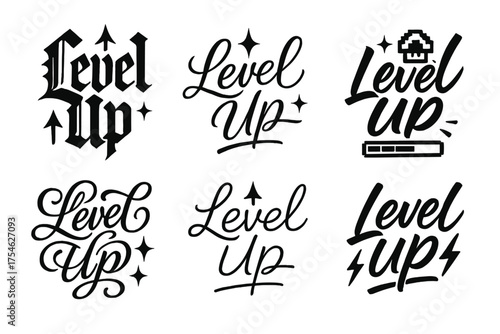Calligraphy Level Up. Level Up. Create a calligraphy lettering illustration of the phrase: Level Up. Render 6