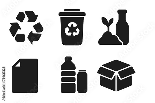 Recycling Icons Set. Recycling. Filled icon set of Recycling: recycle arrows, trash bin, compost, glass bottle
