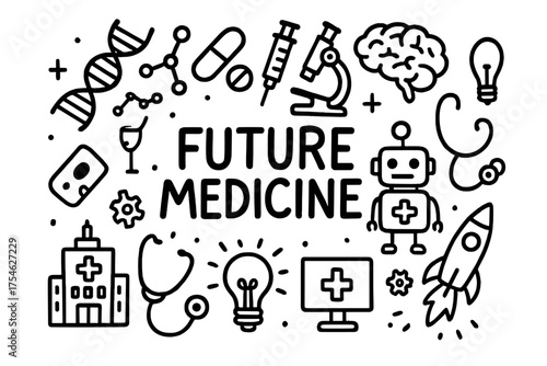 Future Medicine Doodle. Future Medicine. Hand-drawn doodle illustration of Future Medicine. DNA strand,