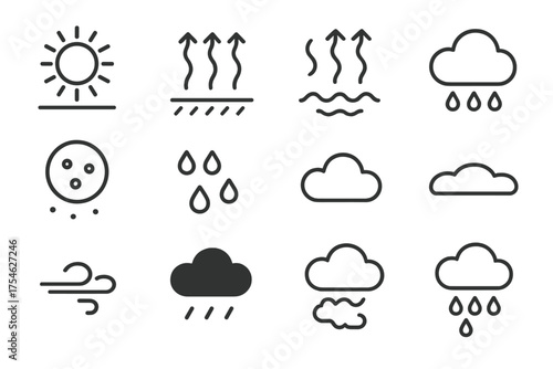 Cloud Formation Icons. How clouds form. Line outline icon set of How clouds form: sun heating ground,