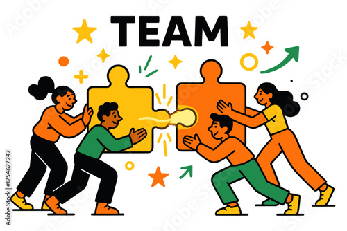Dynamic Puzzle Teamwork. Teamwork makes the dream work. A group of characters pushing giant puzzle pieces