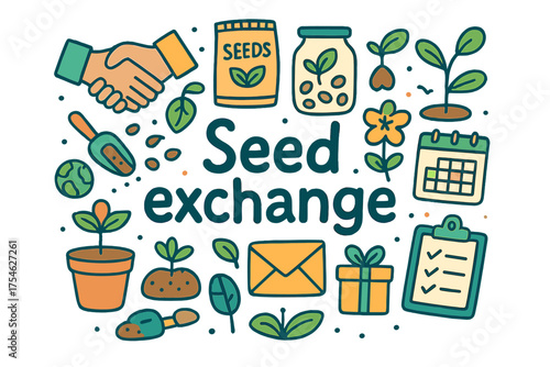 Seed Exchange Doodle. Seed exchange. Hand-drawn doodle illustration of Seed exchange. Handshake, packet, jar,