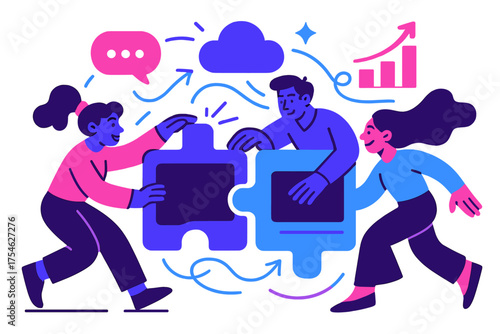 Dynamic Collaboration Puzzle. Collaboration tools. Characters connecting puzzle-like digital screens, glowing