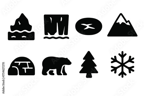 Frozen Icon Collection. Frozen landscapes. Filled icon set of Frozen landscapes: iceberg, glacier, frozen lake