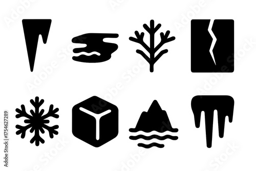 Frozen Water Icons. Frozen water. Filled icon set of Frozen water: icicle, frozen river, frost, glacier crack,