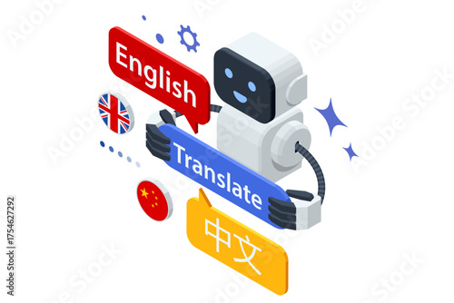 Isometric AI robot translator switching between English and Chinese languages. Concept of smart translation, technology and artificial intelligence communication tool.