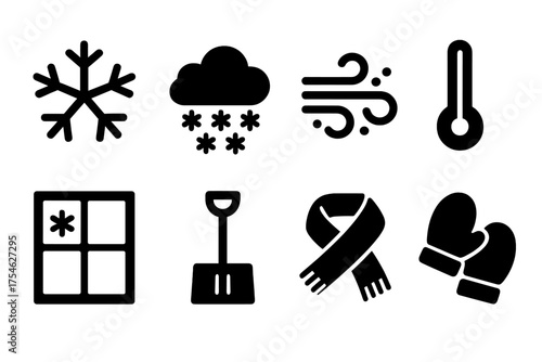Snowy Weather Icons. Snowy weather. Filled icon set of Snowy weather: snowflake, cloud with snow, blizzard