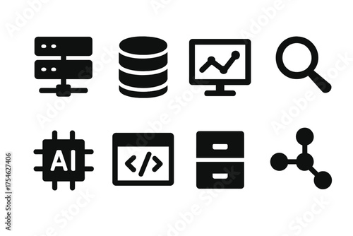 Data-Driven Icons. Data-driven office. Filled icon set of Data-driven office: server, database, analytics