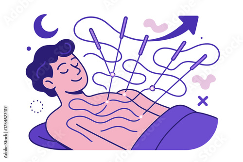 Energetic Acupuncture Glow. Acupuncture. A character lying calmly with glowing energy points highlighted by