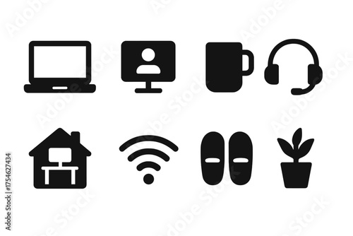 Remote Living Icons. Remote living. Filled icon set of Remote living: laptop, video call, coffee mug, headset,