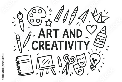 Artistic Tools Doodle. Art and Creativity. Hand-drawn doodle illustration of Art and Creativity. paintbrush,
