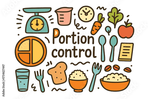 Portion Control Essentials. Portion control. Hand-drawn doodle illustration of Portion control. Divided plate,
