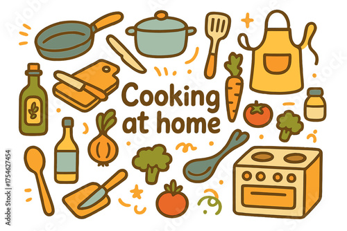 Cooking Essentials Doodle. Cooking at home. Hand-drawn doodle illustration of Cooking at home. Pan, pot,