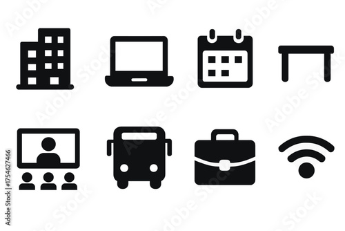 Hybrid Work Icons. Hybrid work. Filled icon set of Hybrid work: office building, laptop, calendar, desk, video