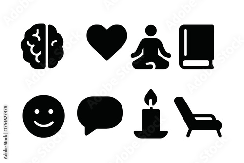 Mental Health Icons. Mental health. Filled icon set of Mental health: brain, heart, yoga pose, book, candle,