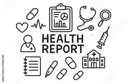 Health Report Doodle. Health Report. Hand-drawn doodle illustration of Health Report. clipboard, report paper,