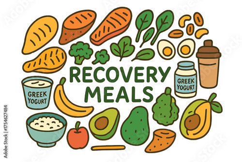 Balanced Recovery Diet. Recovery meals. Hand-drawn doodle illustration of Recovery meals. Chicken breast,