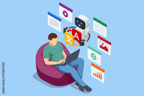 Isometric man using laptop with AI translation robot assistant. Concept of artificial intelligence, communication and multilingual education.