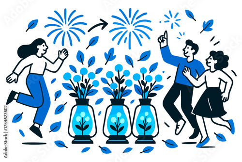 Festival Celebration Vibes. Festival arrangements. Glowing bouquets in lantern-shaped vases surrounded by