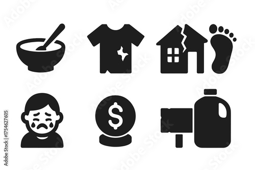 Poverty Icon Set. Poverty. Filled icon set of Poverty: empty bowl, torn shirt, broken house, barefoot, crying