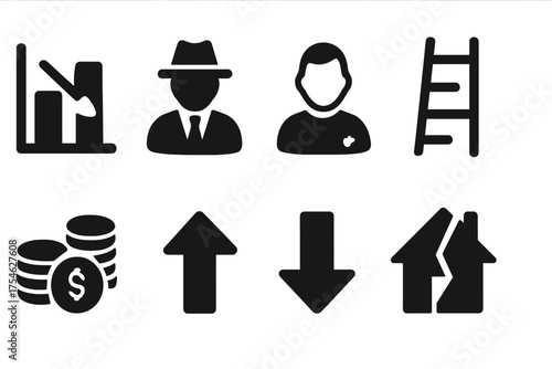 Wealth Gap Icons. Wealth gap. Filled icon set of Wealth gap: bar chart inequality, rich man, poor man, broken