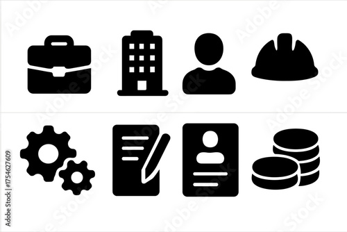 Employment Icons Set. Employment. Filled icon set of Employment: briefcase, office building, worker,