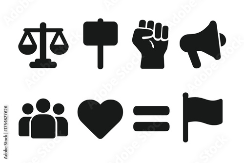 Social Justice Symbols. Social justice. Filled icon set of Social justice: scales, protest sign, raised fist,