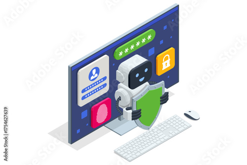 Isometric AI robot with shield securing computer account. Concept of data privacy, password safety and artificial intelligence cybersecurity.