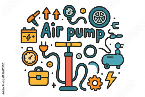 Colorful Air Pump Illustration. Air pump. Hand-drawn doodle illustration of Air pump. Hand pump, nozzle, gauge