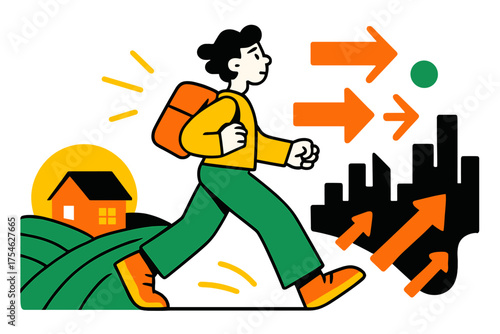 Journey to Urban Life. Leaving countryside. A character stepping away from a small glowing farmhouse, fields