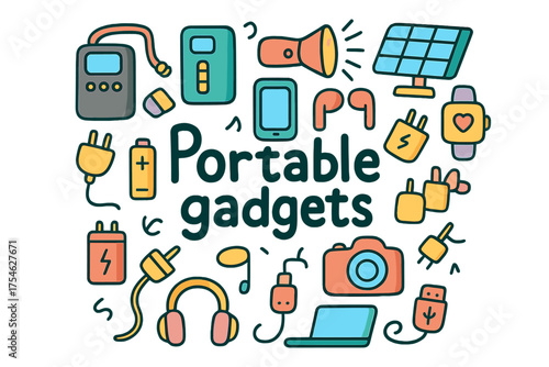 Colorful Portable Gadgets Doodle. Portable gadgets. Hand-drawn doodle illustration of Portable gadgets. Tire