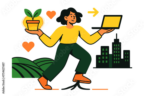 Balancing Modernity. Balancing roots. A character holding a glowing plant pot in one hand and a laptop in the