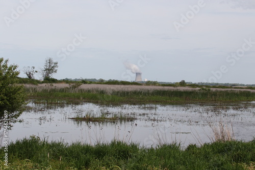 landscape photo of marsh with nuclear cooling tower in background