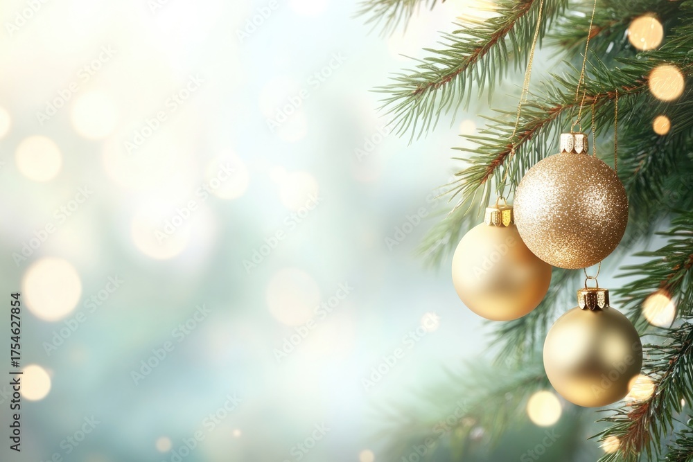 Fototapeta premium Golden christmas ornaments hanging on pine tree with sparkling bokeh background