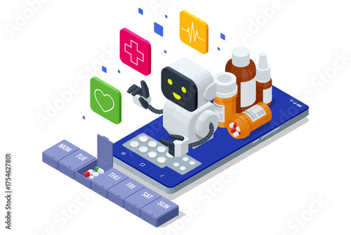 Isometric AI robot managing medication schedule on smartphone. Concept of healthcare, digital pharmacy and smart medical reminder.