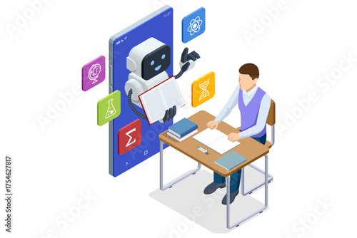 Isometric AI robot teaching male student through digital screen. Concept of online education, eLearning and artificial intelligence tutoring.