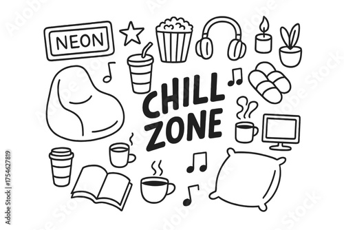 Chill Zone Doodle. Chill Zone. Hand-drawn doodle illustration of Chill Zone. bean bag, headphones, soda cup,