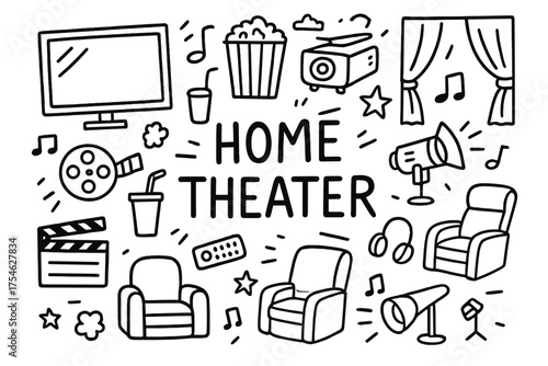 Home Theater Doodles. Home Theater. Hand-drawn doodle illustration of Home Theater. large TV screen, projector