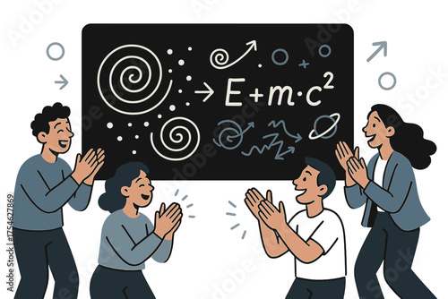 Breakthrough Equation Celebration. Unified equation. A chalkboard glowing with an elegant formula combining