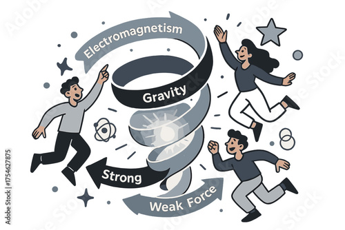 Unified Forces Converge. Unifying forces. Four glowing arrows labeled gravity, electromagnetism, strong, and