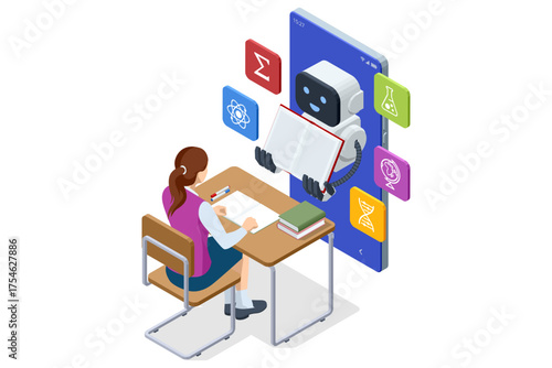 Isometric AI robot helping female student learn online. Concept of e-Learning, digital education and artificial intelligence tutor.