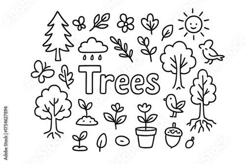 Trees Doodle Art. Trees. Hand-drawn doodle illustration of Trees. tree, leaf, roots, branch, flower, bird,