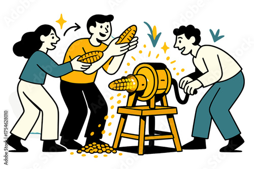 Dynamic Corn Shelling. Rustic tradition. A glowing hand-cranked corn sheller on a wooden stand with characters