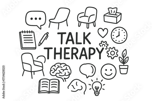 Talk Therapy Symbols. Talk Therapy. Hand-drawn doodle illustration of Talk Therapy. chat bubble, therapist