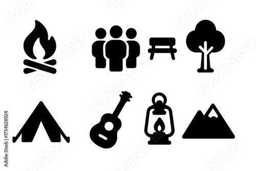 Outdoor Community Icons. Outdoor community. Filled icon set of Outdoor community: campfire, group of people,