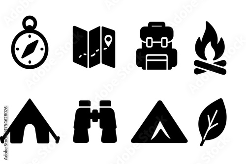 Outdoor Education Icons. Outdoor education. Filled icon set of Outdoor education: compass, map, backpack,