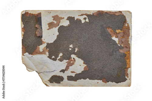 A rugged, weathered paper card featuring heavy peeling layers and rusty tones on white background