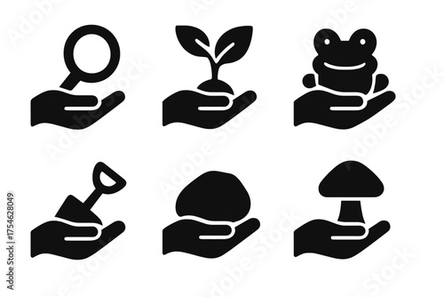 Hands-On Learning Icons. Hands-on learning. Filled icon set of Hands-on learning: magnifying glass, seedling,